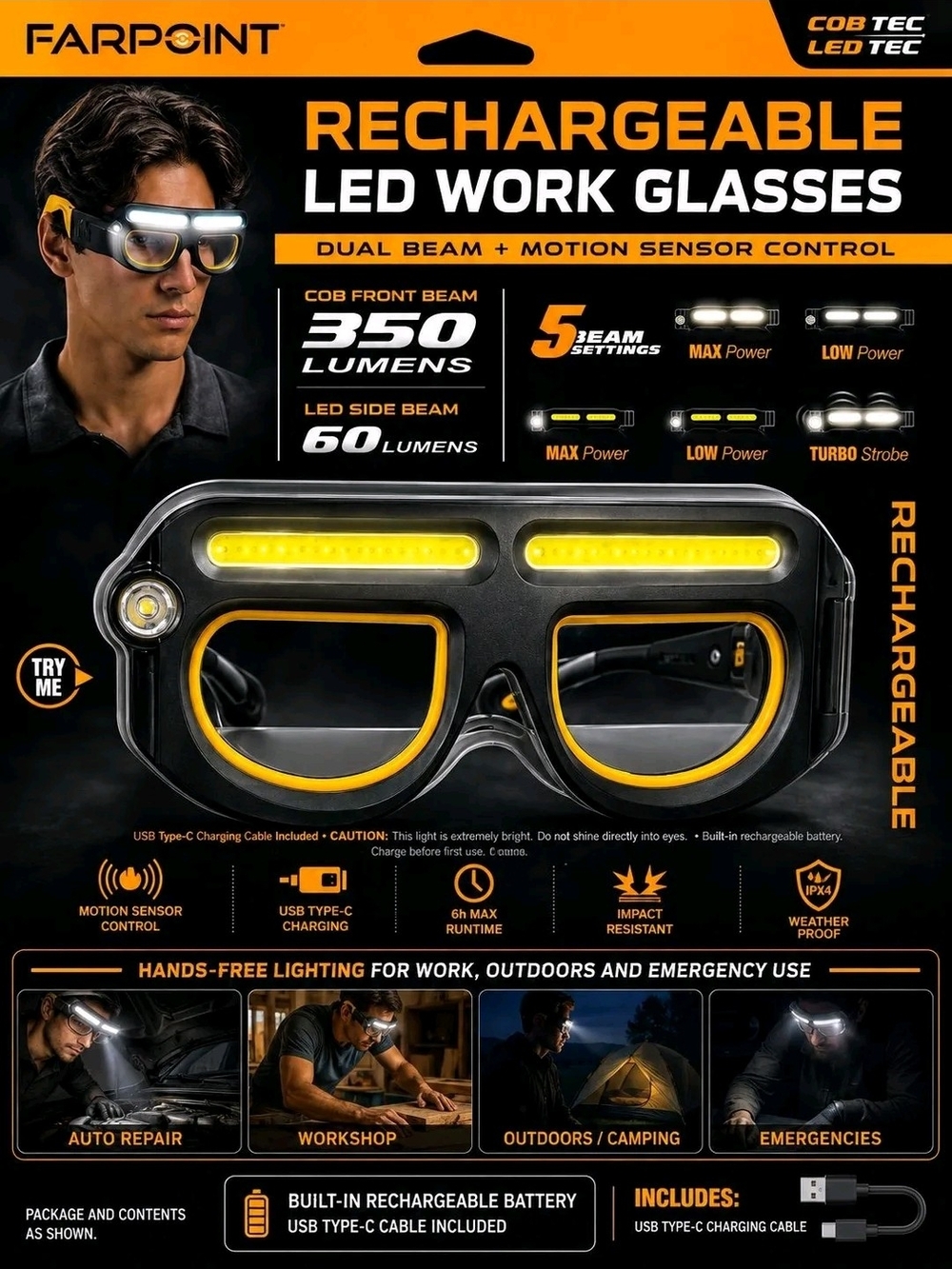 Rechargeable LED Work Glasses
